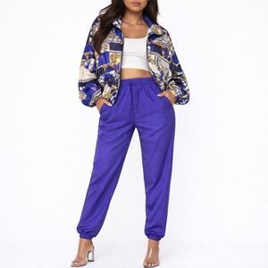 90s Vintage Nautical Silk Print Jacket & Blue Straight Leg Pants Set Womens M